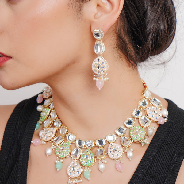 Divisha Alloy Gold-plated Mint Pink Jewellery Set - Distacart