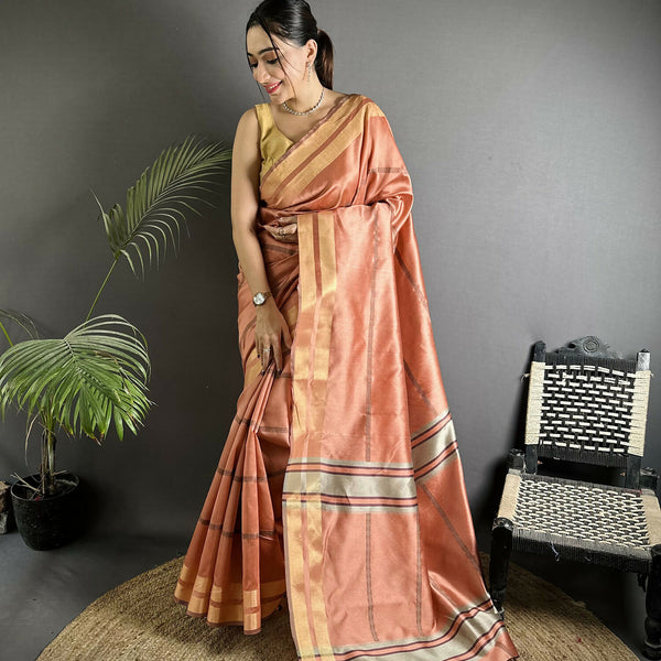 Joban Fashion Peach Woven Pattern Raw Silk Kanjivaram Silk Saree - Distacart