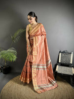 Thumbnail for Joban Fashion Peach Woven Pattern Raw Silk Kanjivaram Silk Saree - Distacart
