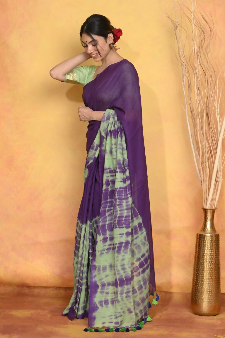 Very Much Indian Tie & Dye Handloom Mul Cotton Saree - Blue Green - Distacart