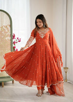 Thumbnail for Teeya Creation Orange Color Faux georgette Embroidery Work Wedding Wear Gown
