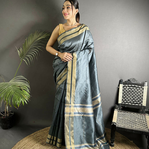 Joban Fashion Dark Grey Woven Pattern Raw Silk Kanjivaram Silk Saree - Distacart