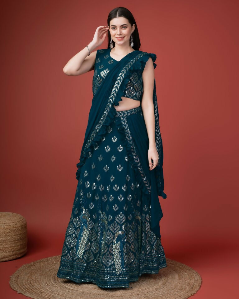 Teal Georgette Sequence Embroidered Lehenga Choli with Dupatta - Tanya - Distacart
