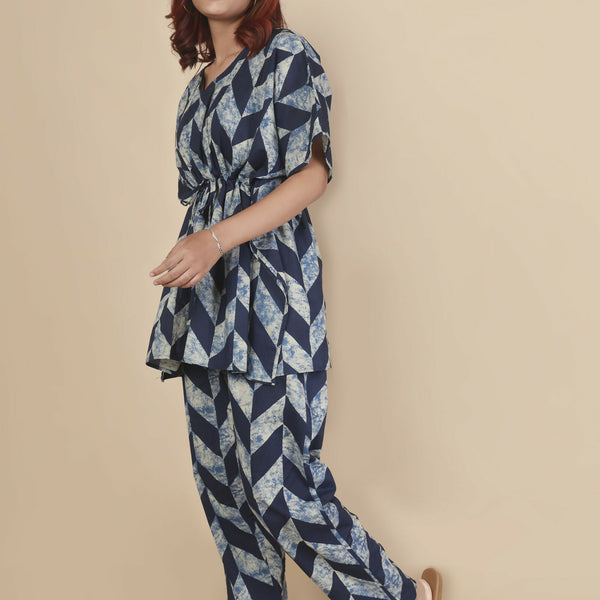 Breathables Women’S Loungewear Kaftan Cotton Blue Geometric Print Co-Ord Set - Dista