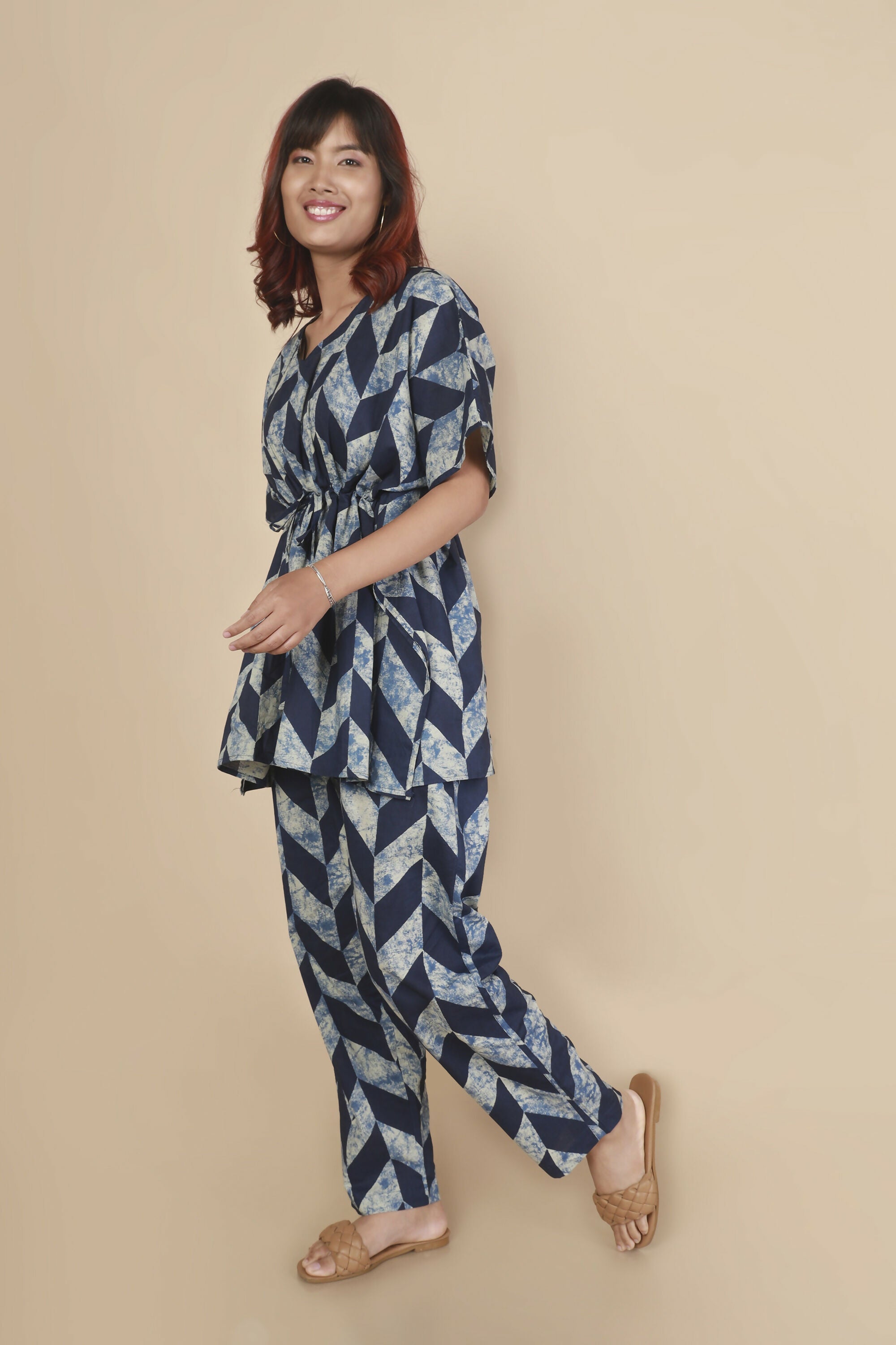 Breathables Women’S Loungewear Kaftan Cotton Blue Geometric Print Co-Ord Set - Dista