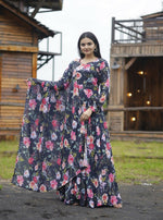Thumbnail for Jyoti Fashion Women's Black Faux Georgette Floral Digital Printed Anarkali Dress with Dupatta - Distacart