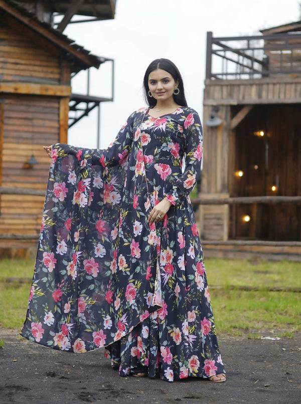 Jyoti Fashion Women's Black Faux Georgette Floral Digital Printed Anarkali Dress with Dupatta - Distacart