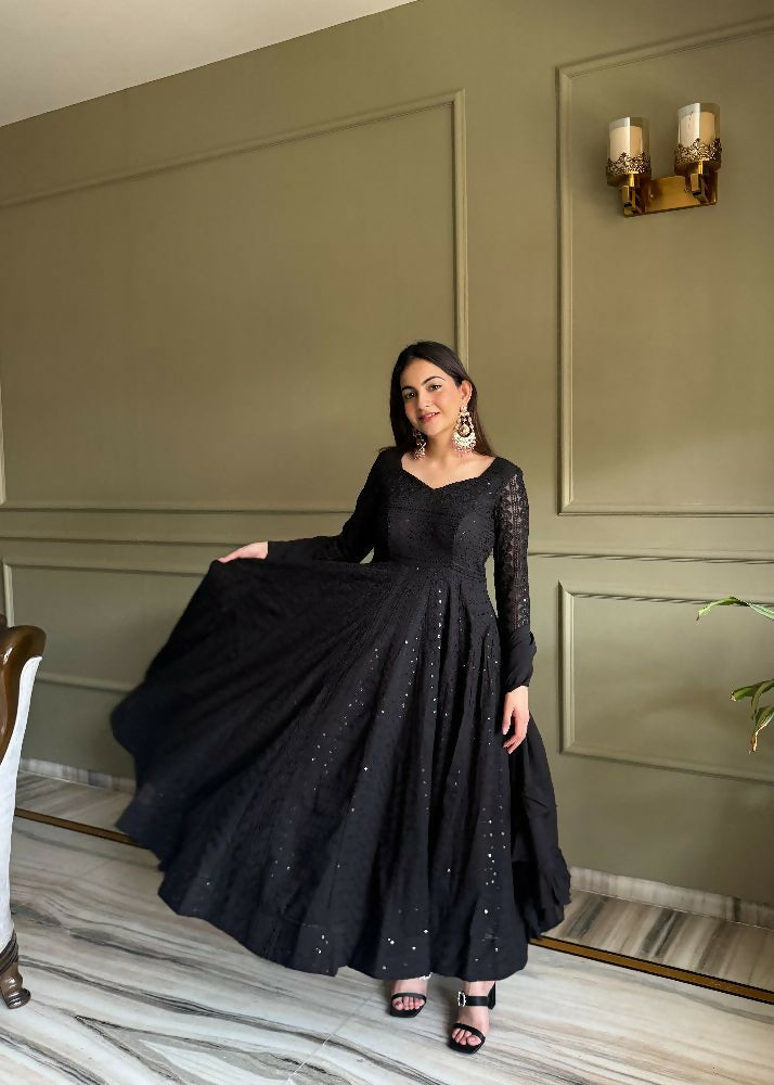 Teeya Creation Black Color Faux Georgette Heavy Embroidery Work Functional Wear Gown - Distacart