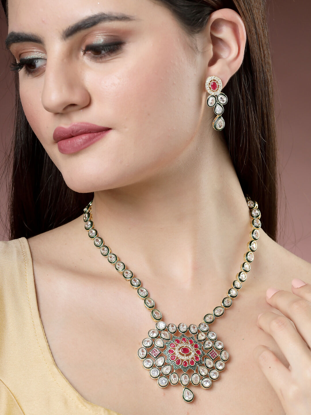 NVR Women's Red & Gold Kundan Studded Handcrafted Jewellery Set - Distacart