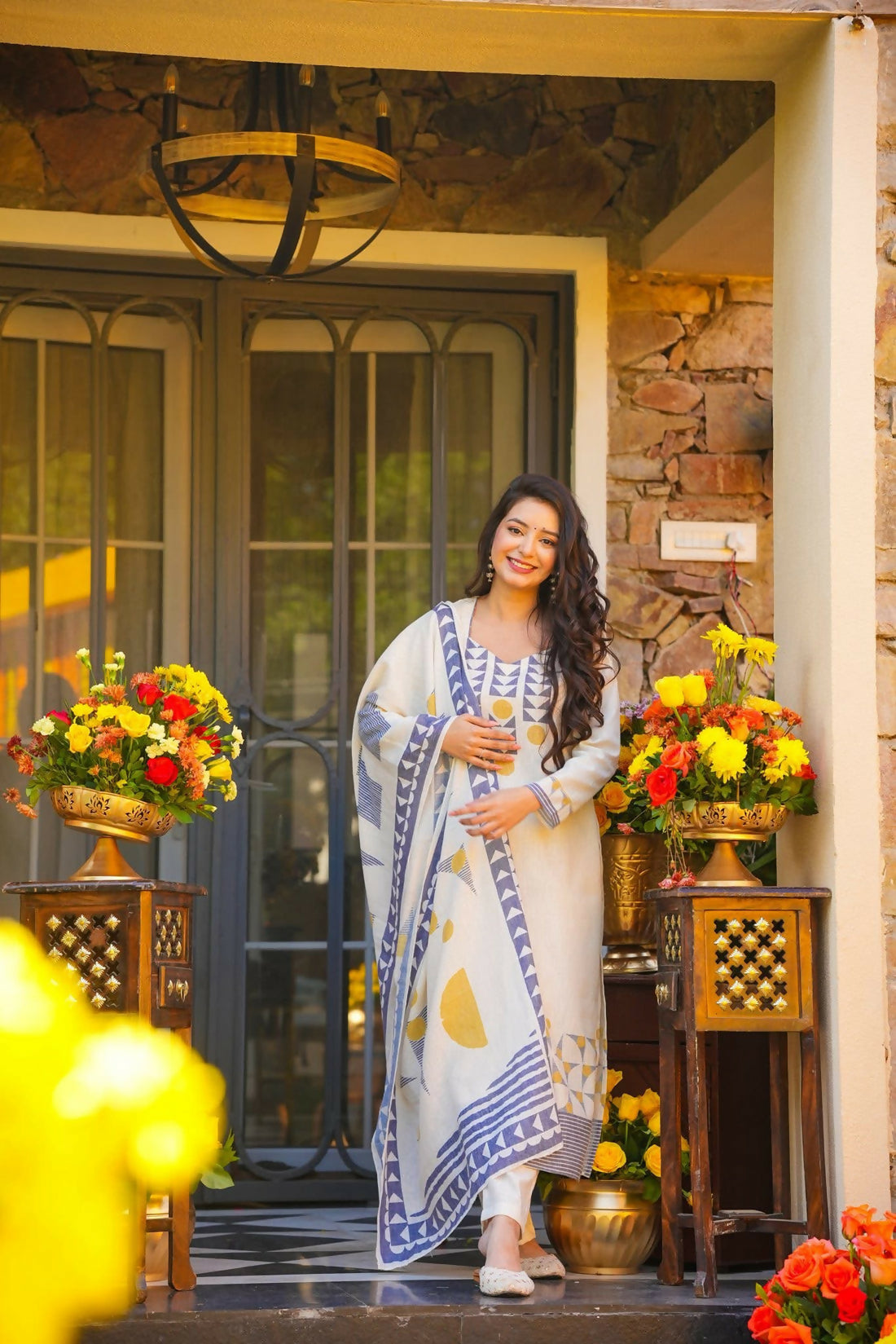 The52 Women's Gorgeous Printed Work Muslin Fabric Straight Kurta Pant and Dupatta Set-White