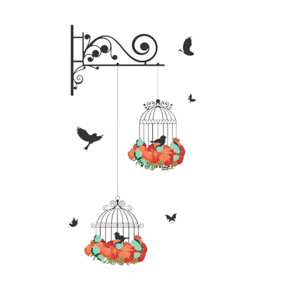 Decals Design 'Hanging Birds Cage with Flowers' Wall Sticker (PVC Vinyl, 50 cm x 70 cm) - Dista