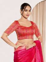 Thumbnail for Joban Fashion Red Brocade Padded Blouse With Round Neck Elbow Sleeves - Distacart