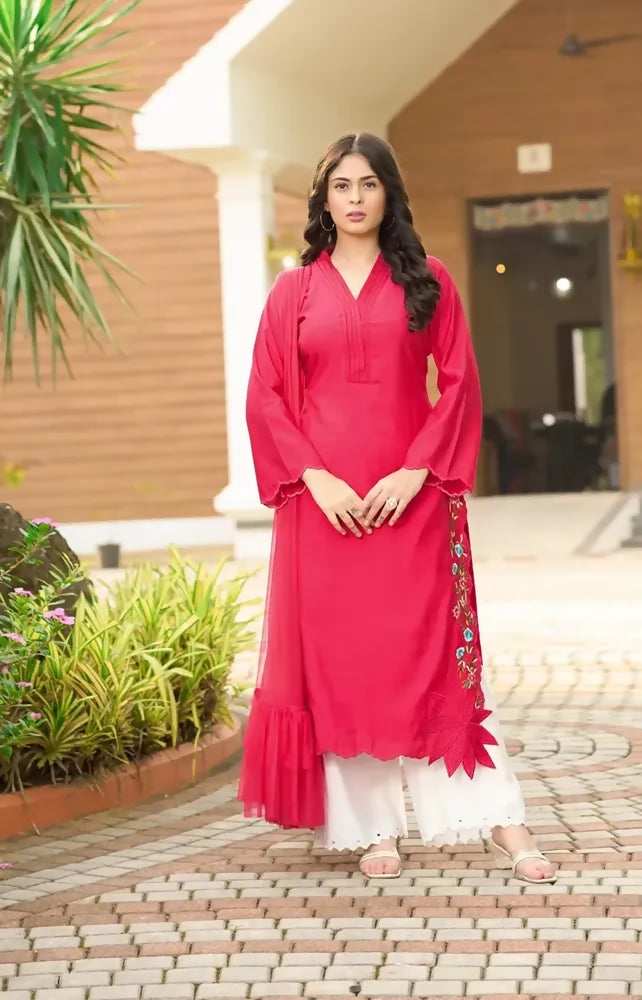Nikhaar Pink Embroidered Art Silk Straight Cut Readymade Pakistani Suit