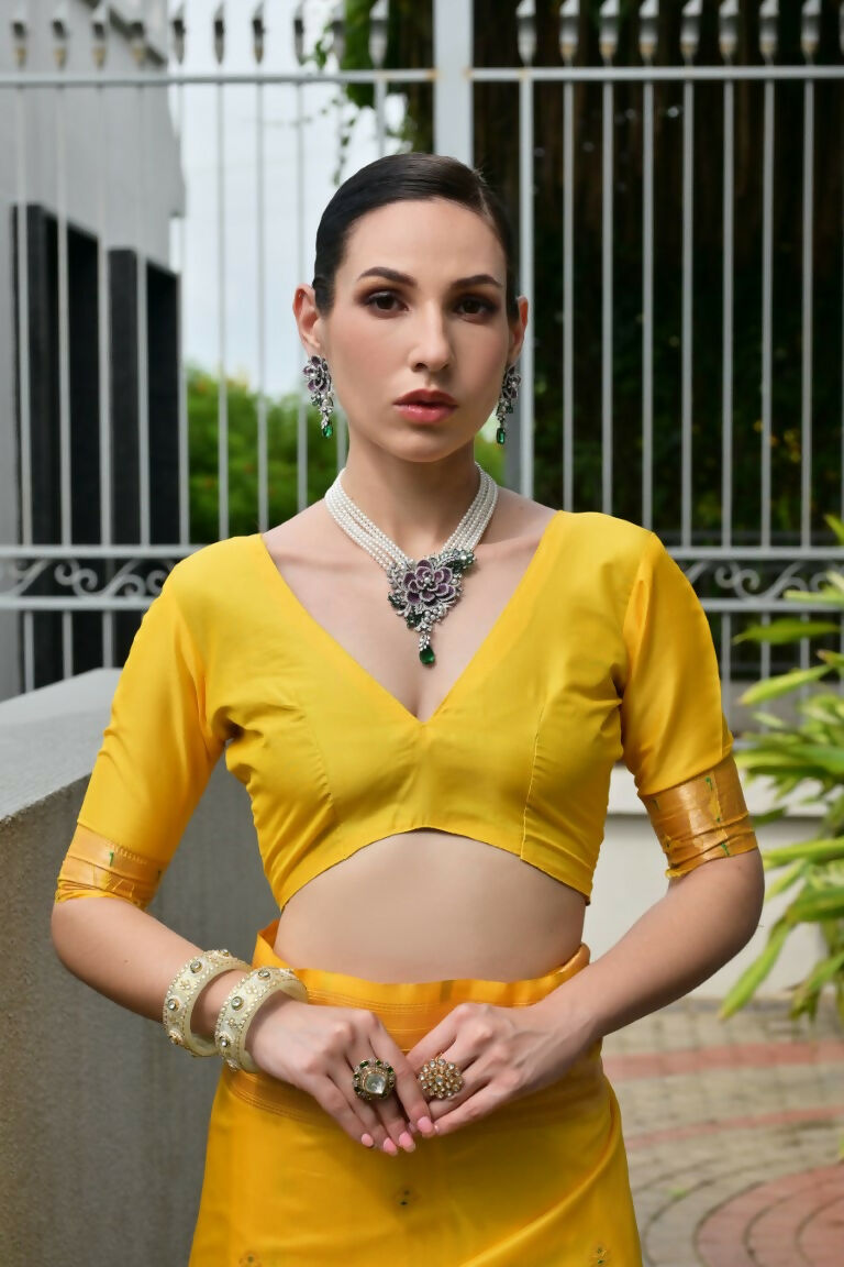 Vishnu Weaves Women's Yellow Paithani Silk Zari Woven Saree with Blouse