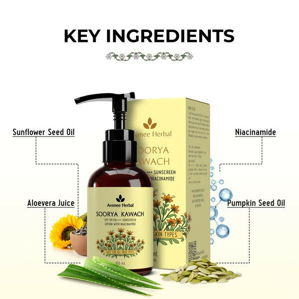 Avimee Herbal Soorya Kawach SPF 50 PA++++ Niacinamide Sunscreen Lotion - Distacart