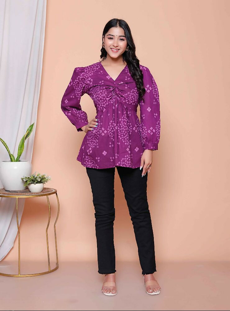 Miravan Womens Purple Bandhani Printed Butterfly Style Top - Distacart