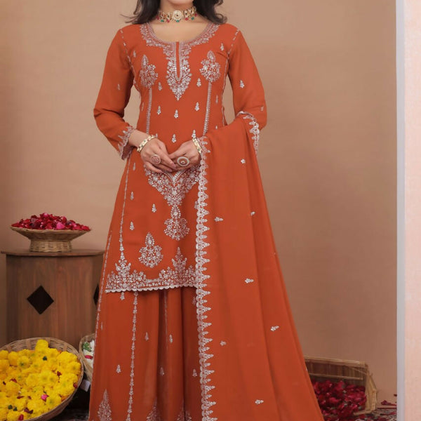 Joban Fashion Dark Orange Georgette Embroidered Sharara Set - Distacart