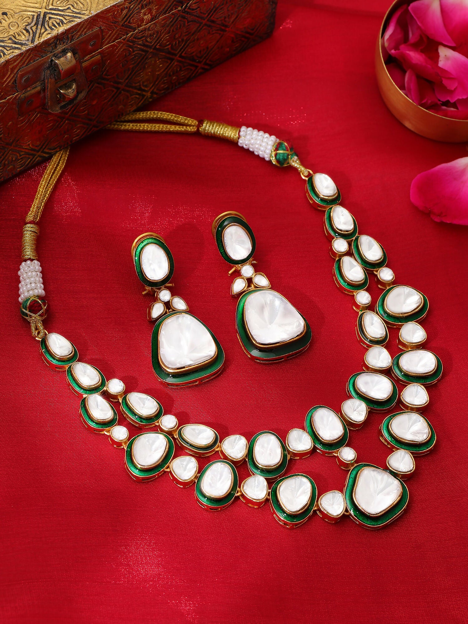 Ruby Raang Gold Polished Kundan Work Green Meenakari Kundan Layered Necklace With Earrings