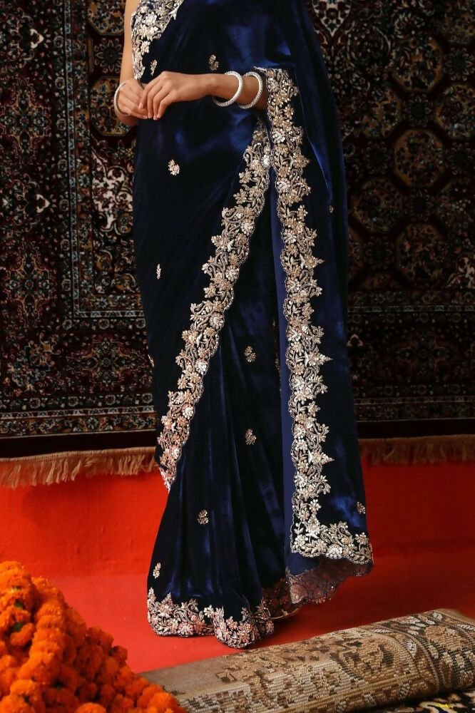 Joban Fashion Royal Blue 9000 Velvet Party Wear Sarees - Distacart