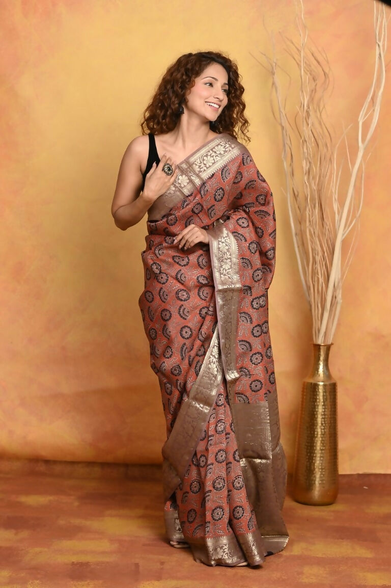Very Much Indian Modal Silk Ajrakh Handblock Printed Natural Dyes With Designer Border Saree - Red - Distacart