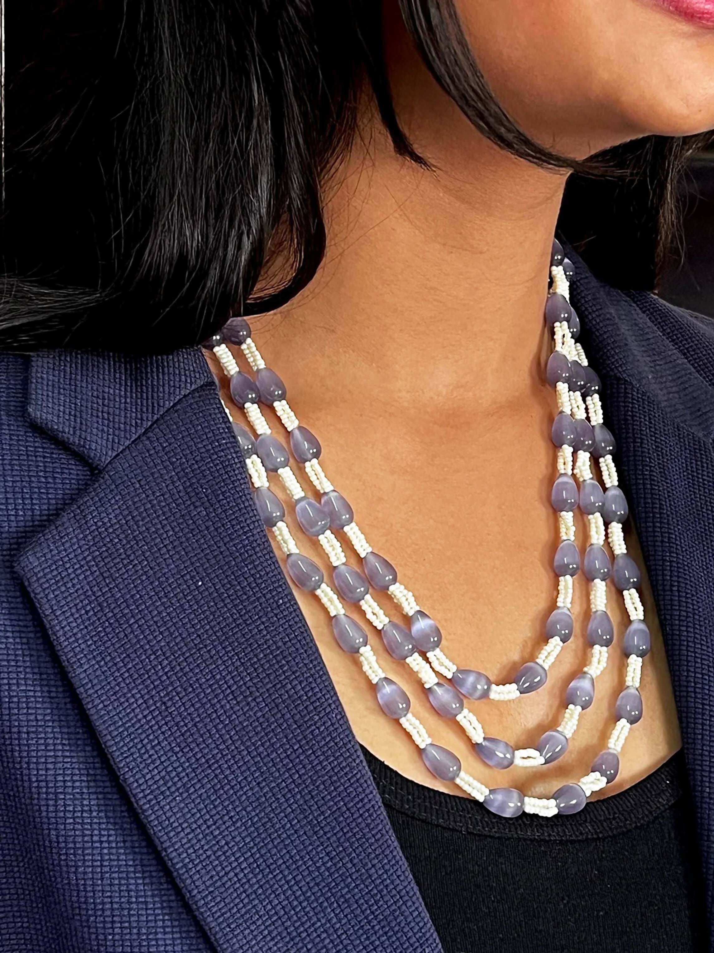 Joban Fashion Women Grey Glass Beads Single Colour Trendy Three Layered Mala
