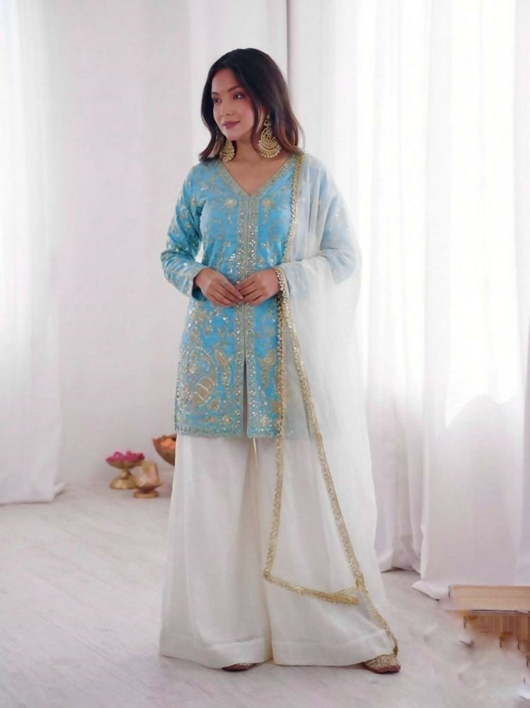 Teeya Creation Blue And White Color Fendy Silk Embroidery Work Wedding Wear Salwar Suit - Distacart