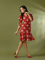 Thumbnail for Myshka Women's Rust Printed Shirt Collar Fit and Flare Party Dress - Distacart