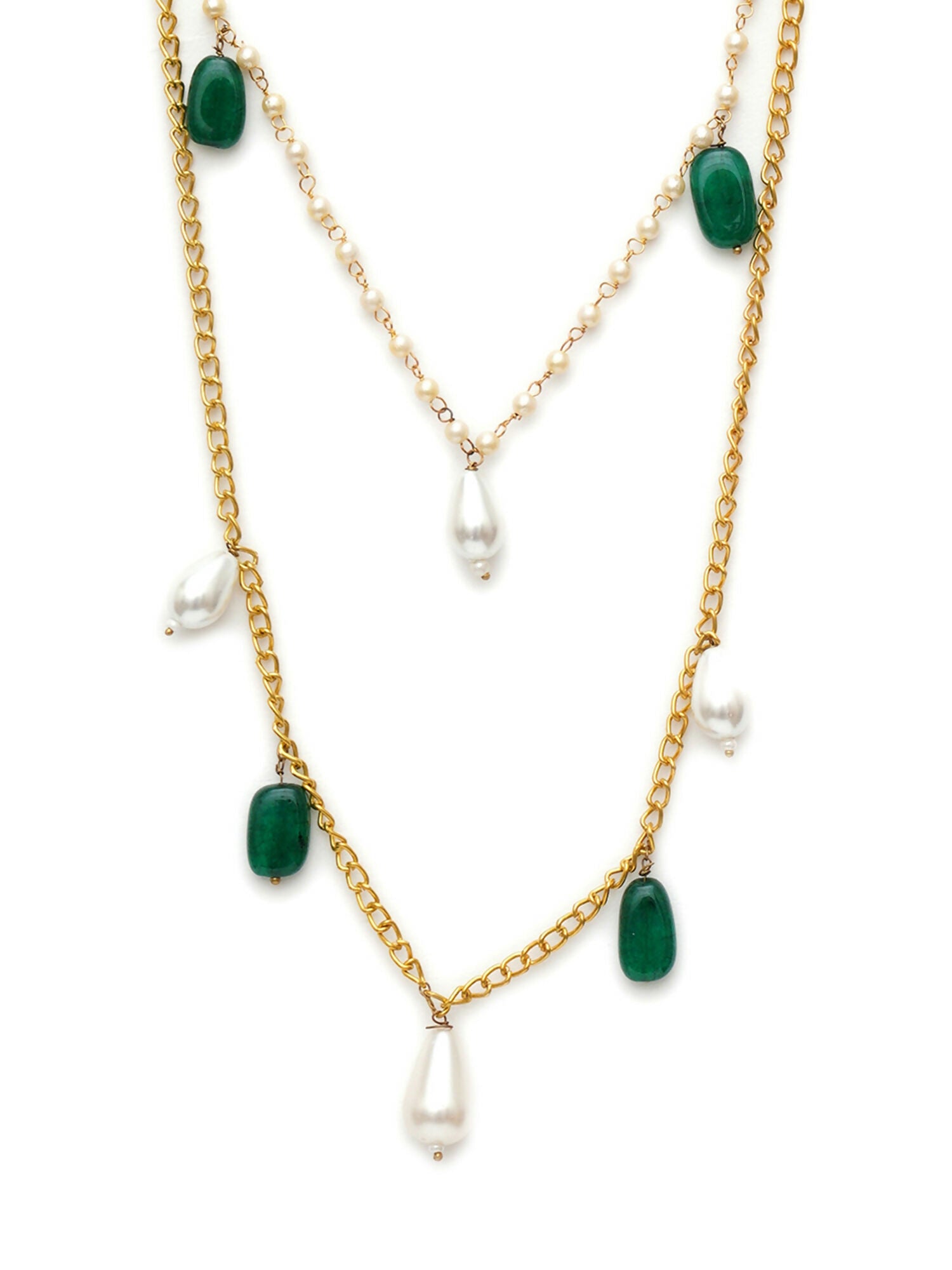 Layered Pearl and Gold Neckpiece with Emeralds (Gold) - Ruby Raang - Distacart