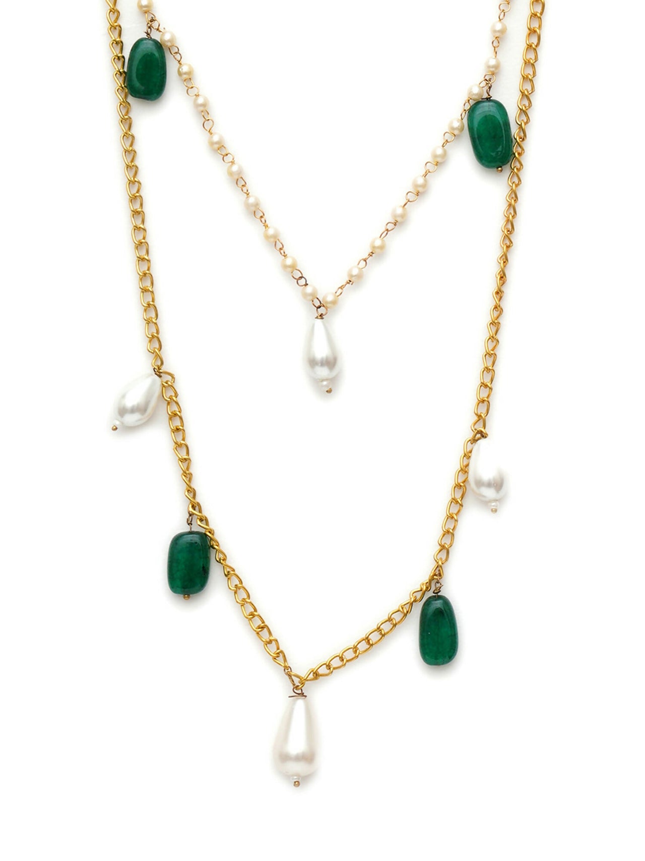 Layered Pearl and Gold Neckpiece with Emeralds (Gold) - Ruby Raang - Distacart