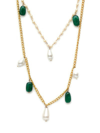 Thumbnail for Layered Pearl and Gold Neckpiece with Emeralds (Gold) - Ruby Raang - Distacart