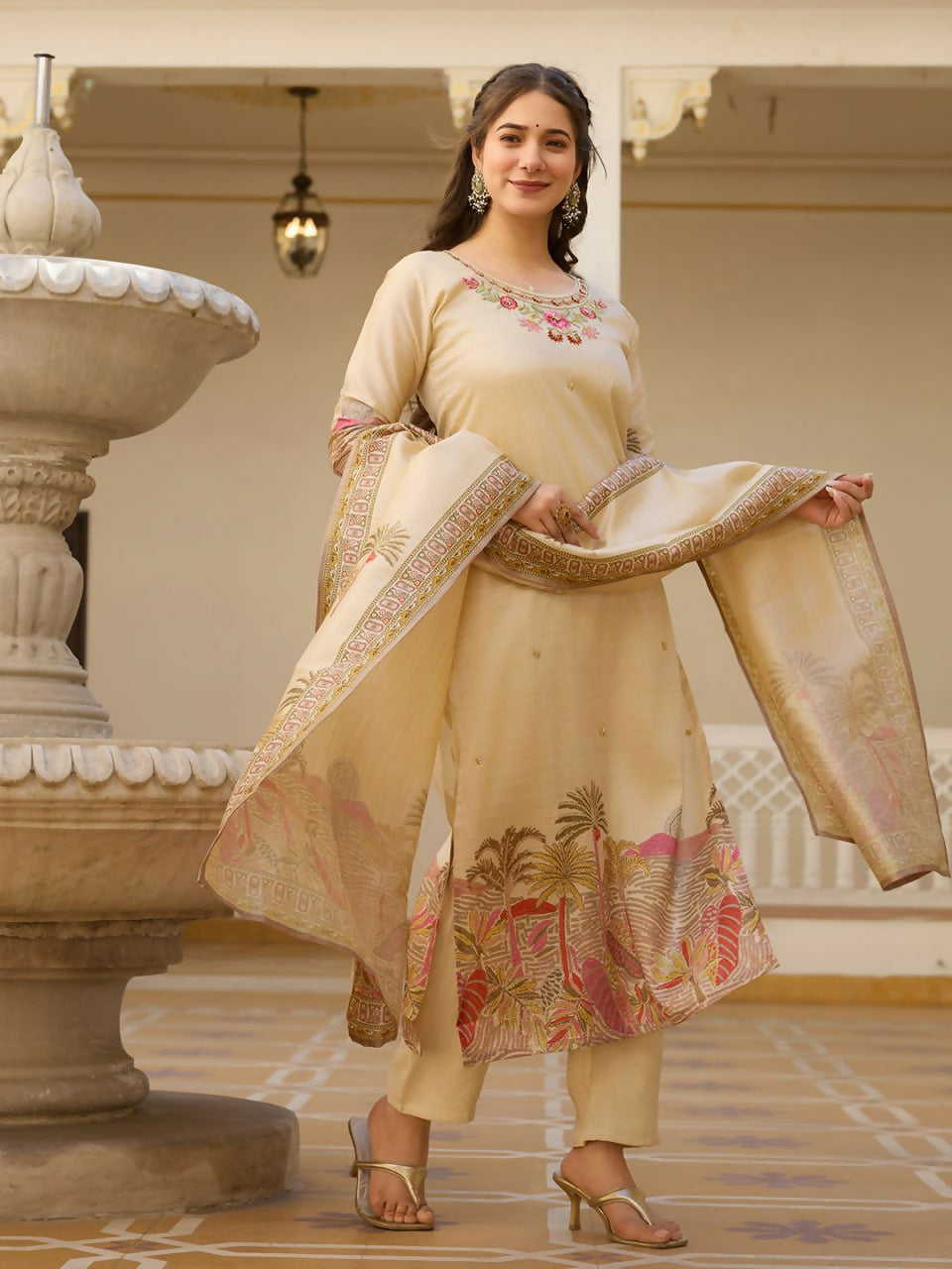 Preksha Creation Off-White Viscose Assam Silk Embroidered Beads Kurta Set With Dupatta And Pant