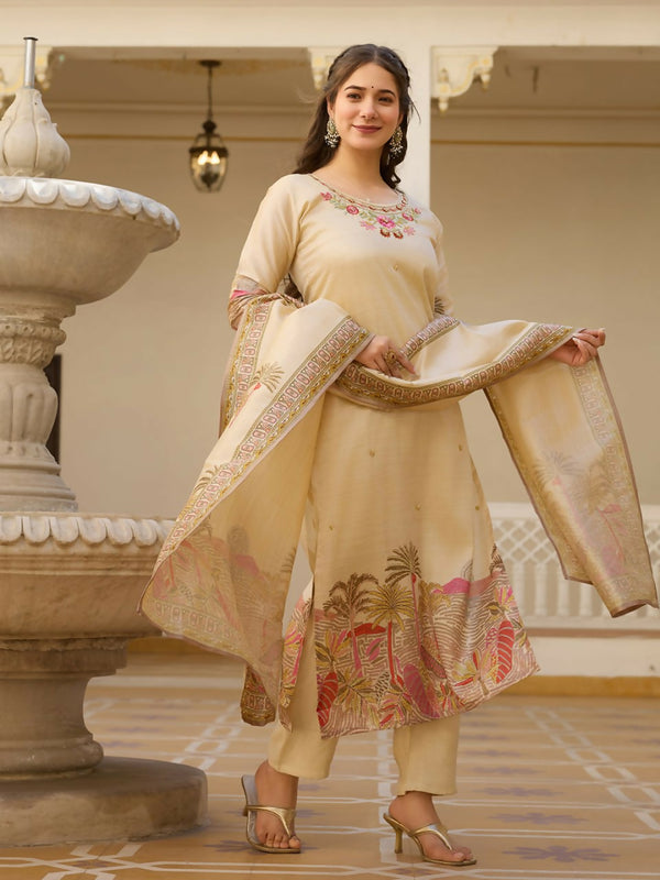Preksha Creation Off-White Viscose Assam Silk Embroidered Beads Kurta Set With Dupatta And Pant