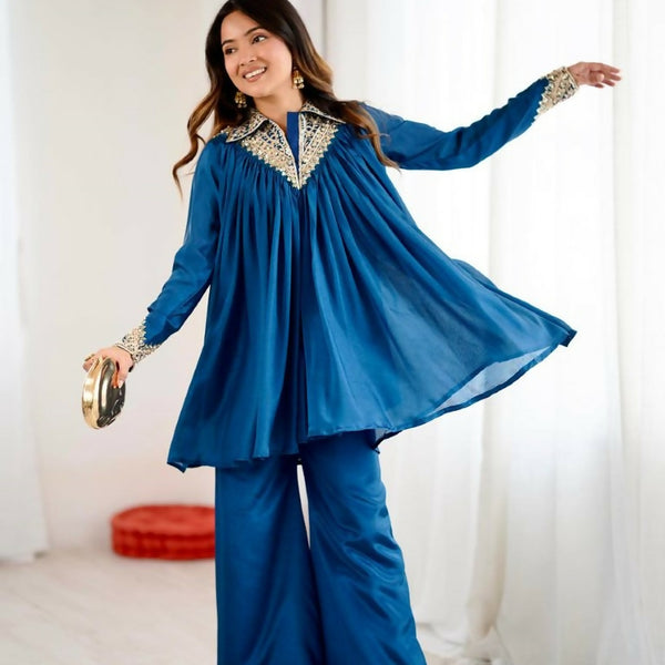 Teeya Creation Blue Heavy Chinnon Silk Embroidery Work Plazo pair