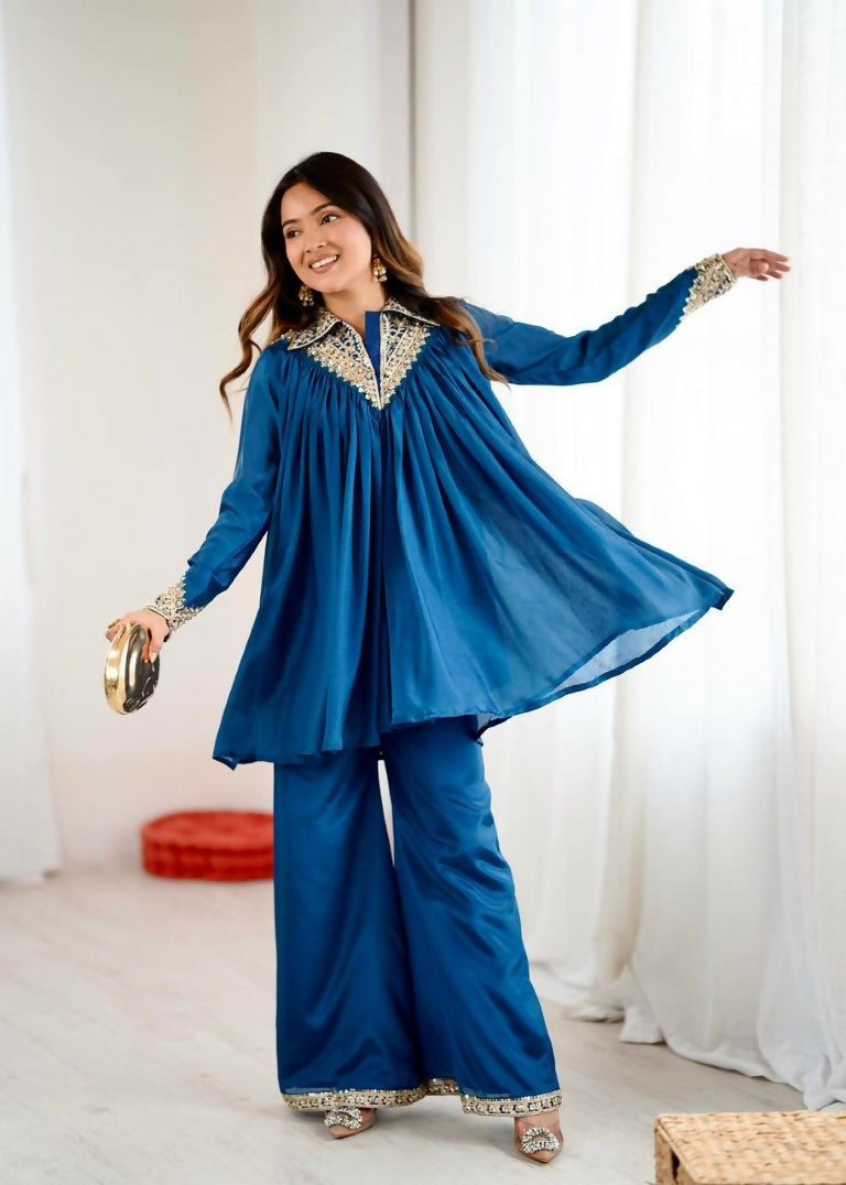 Teeya Creation Blue Heavy Chinnon Silk Embroidery Work Plazo pair - Distacart