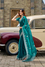 Thumbnail for Vastranavya Rama Embroidery Work Shimmer Chiffon Saree with Unstitched Blouse