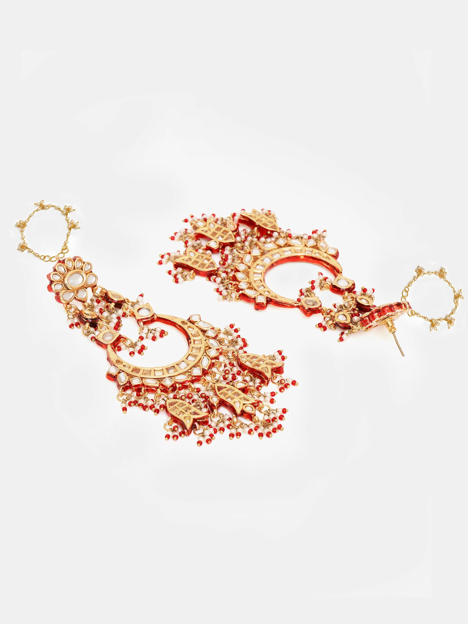 Ruby Raang 22k Gold Polished Kundan Chand Earrings With Ear Chains