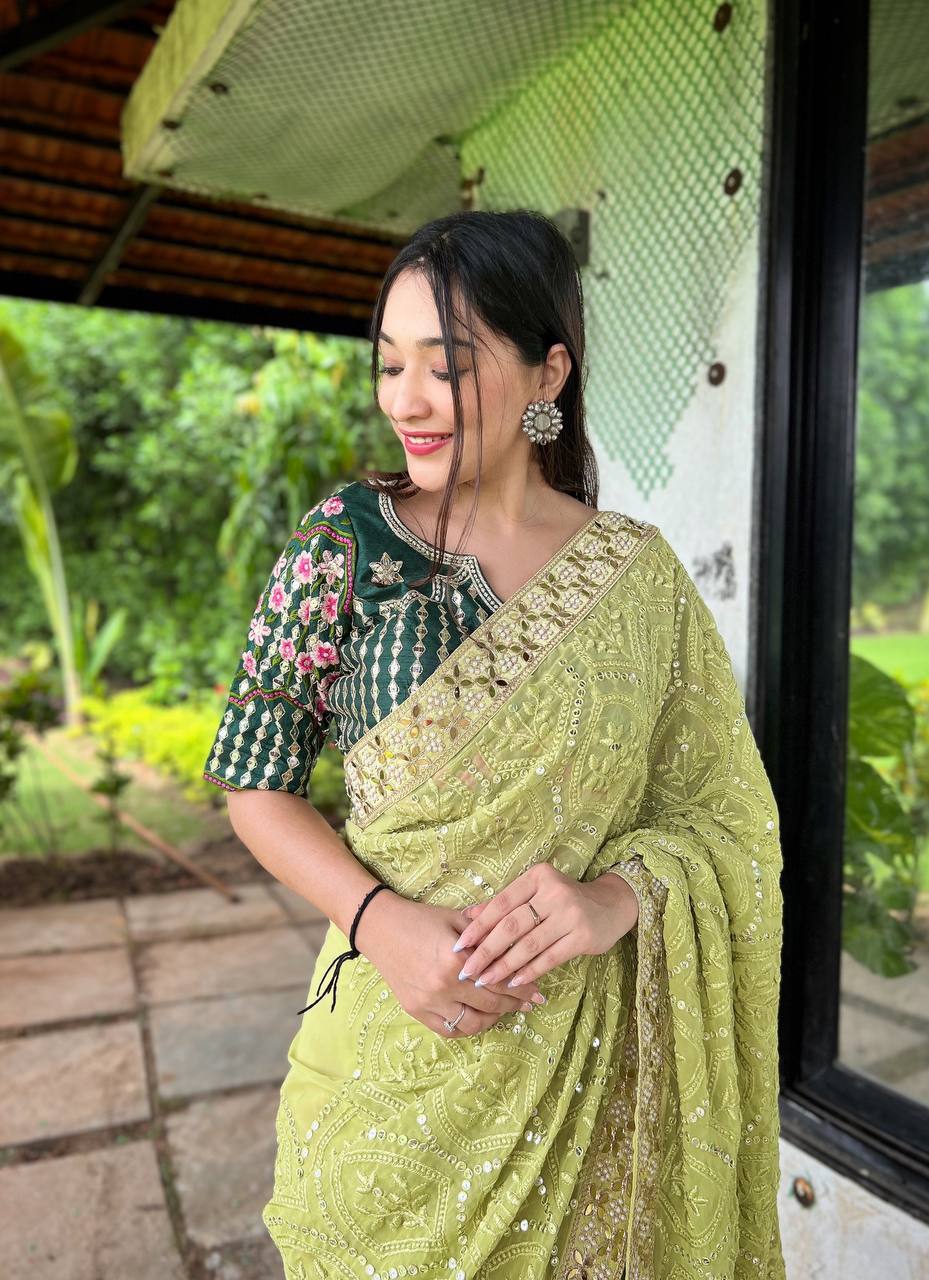 Teeya Creation Olive Color Georgette Embroidery Work Saree - Distacart