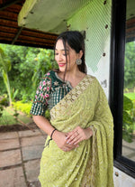 Thumbnail for Teeya Creation Olive Color Georgette Embroidery Work Saree - Distacart