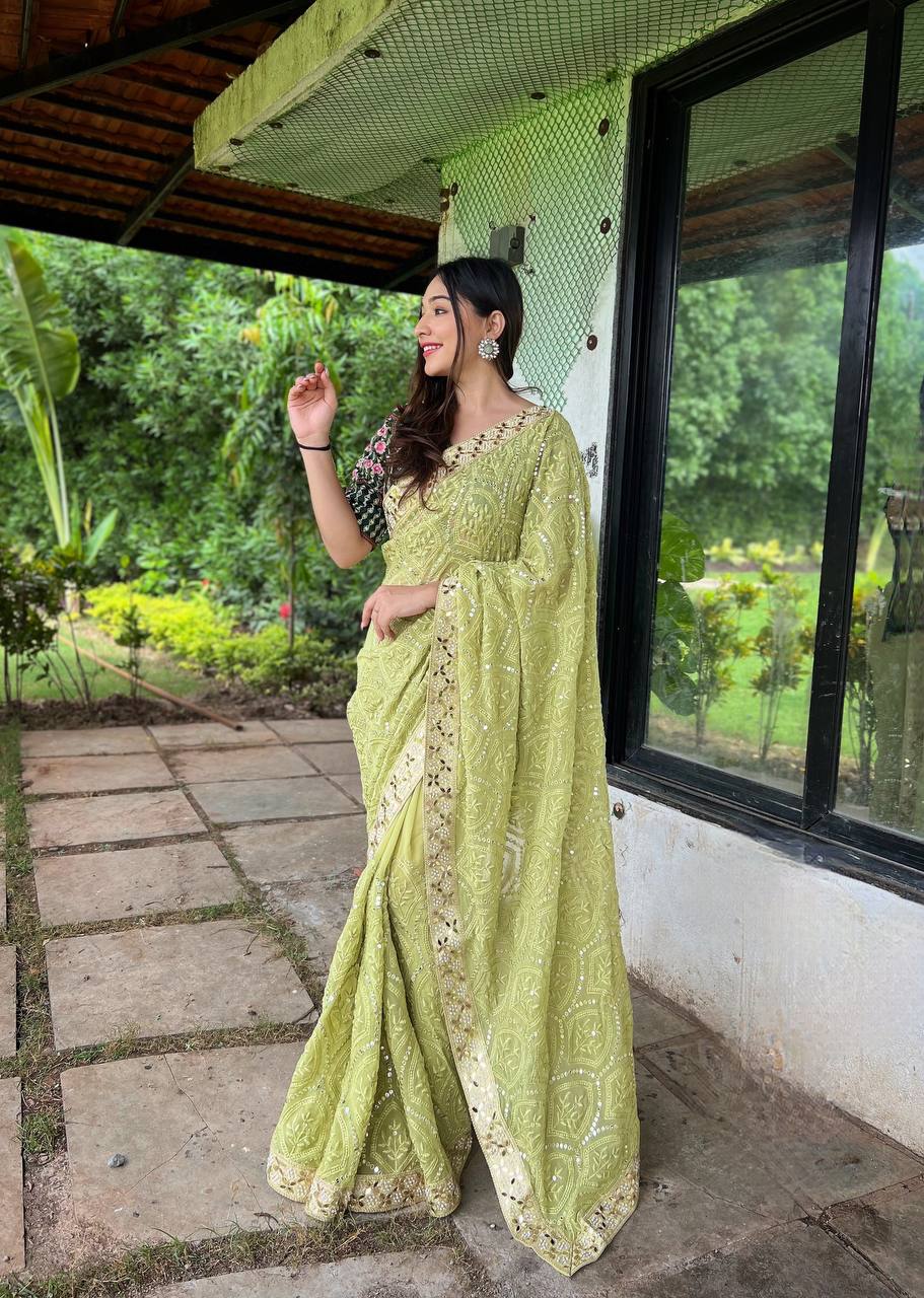 Teeya Creation Olive Color Georgette Embroidery Work Saree - Distacart