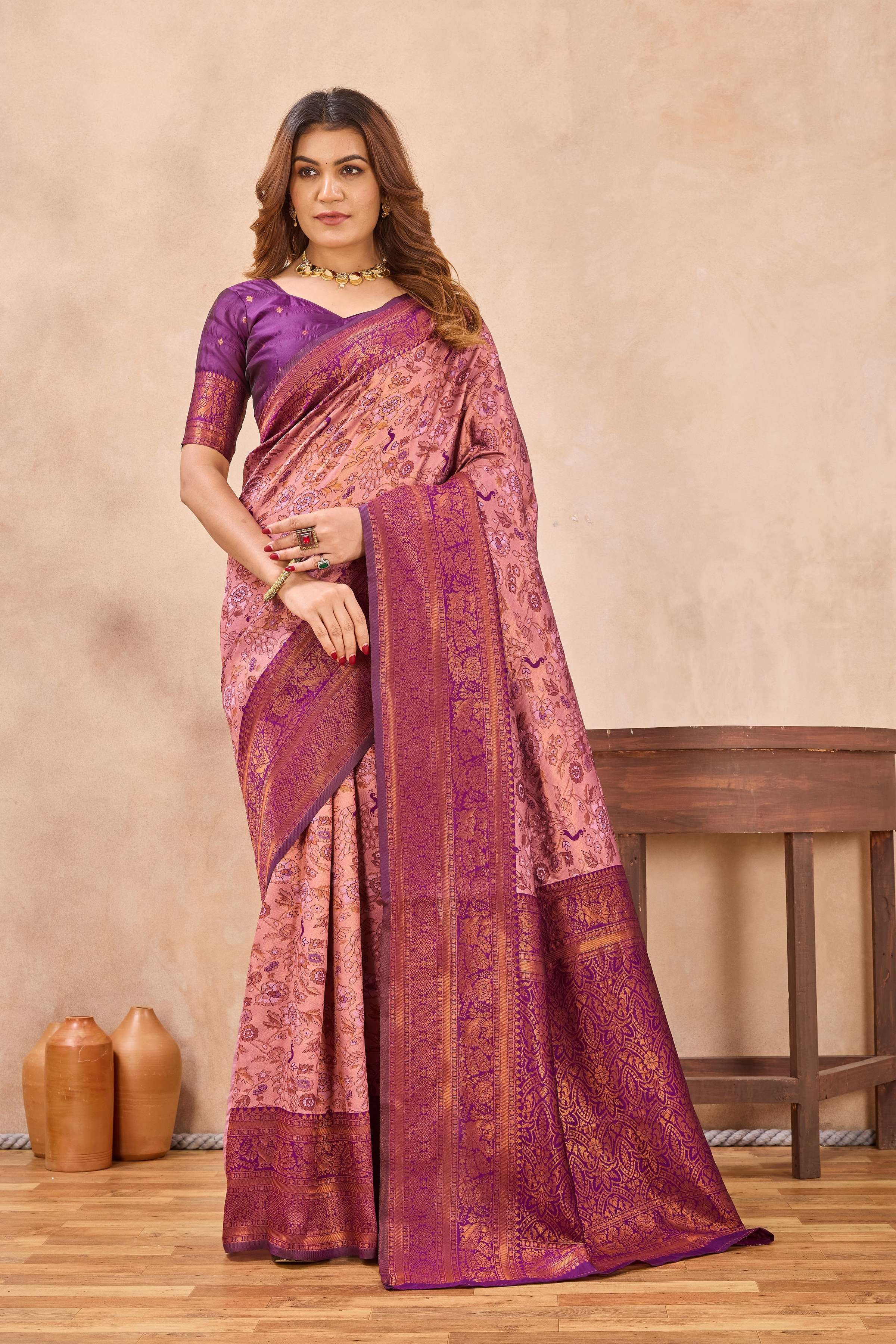 Divine International Trading Co Light Pink Soft Silk Blend Banarasi Jacuard Work Designer Party Wear Saree With Unstitched Blouse Piece - Dista