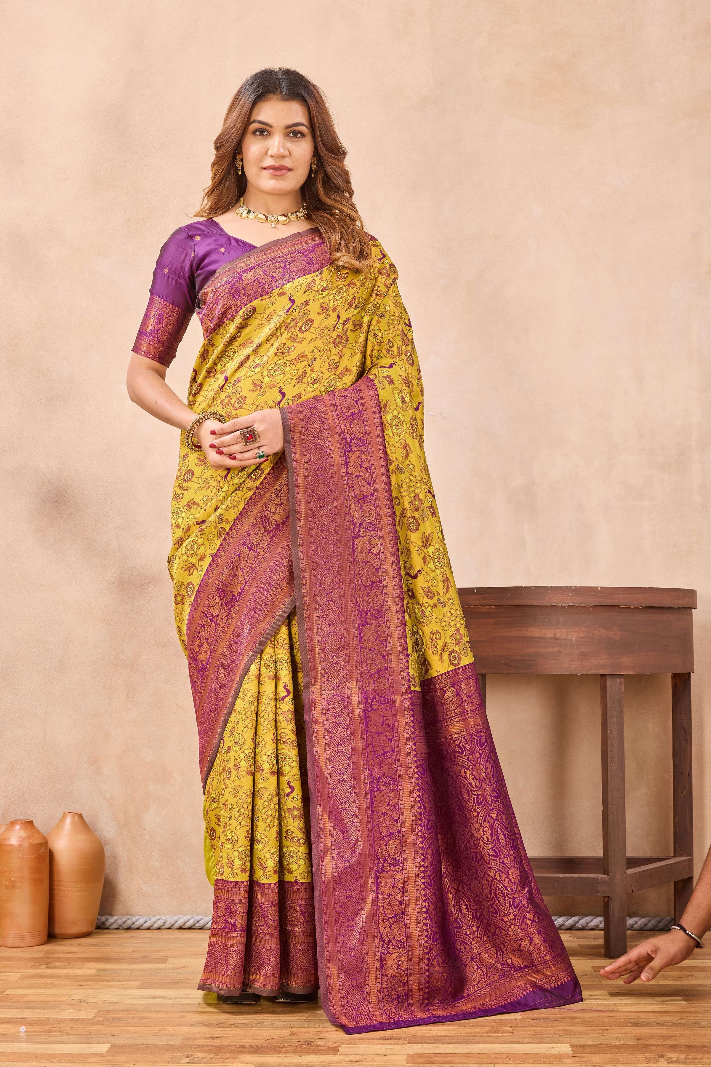 Divine International Trading Co Mustard Wine Soft Silk Blend Banarasi Jacuard Work Designer Party Wear Saree With Unstitched Blouse Piece - Dista