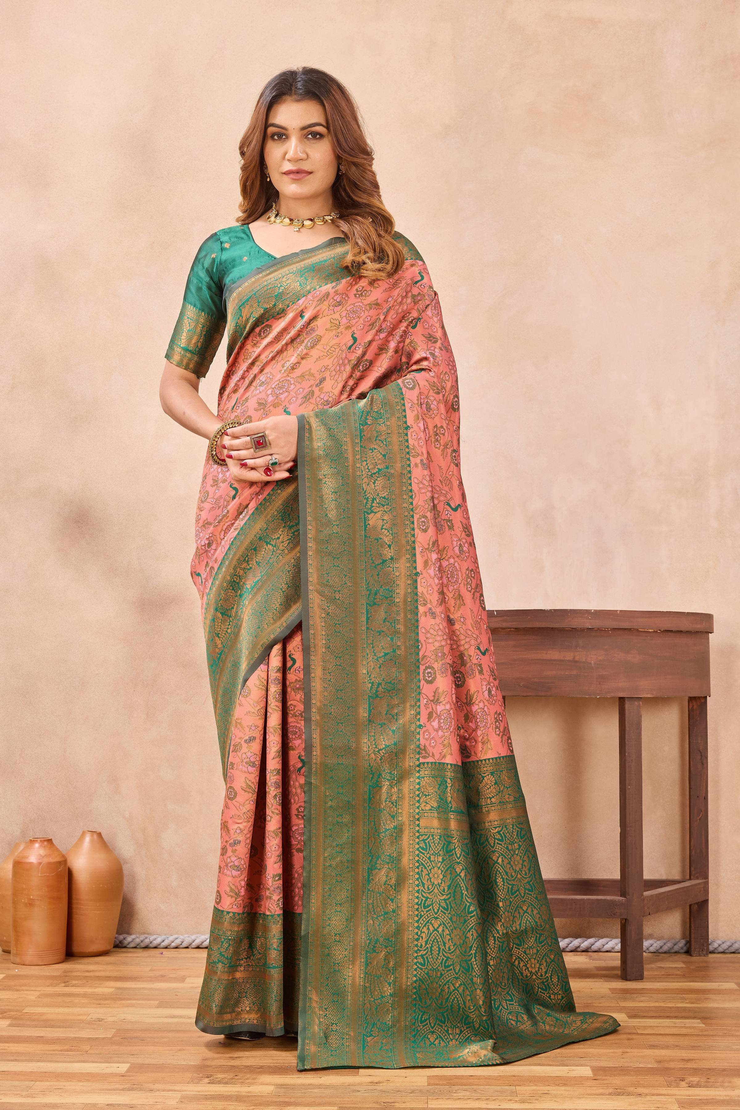Divine International Trading Co Peach Green Soft Silk Blend Banarasi Jacuard Work Designer Party Wear Saree With Unstitched Blouse Piece - Dista