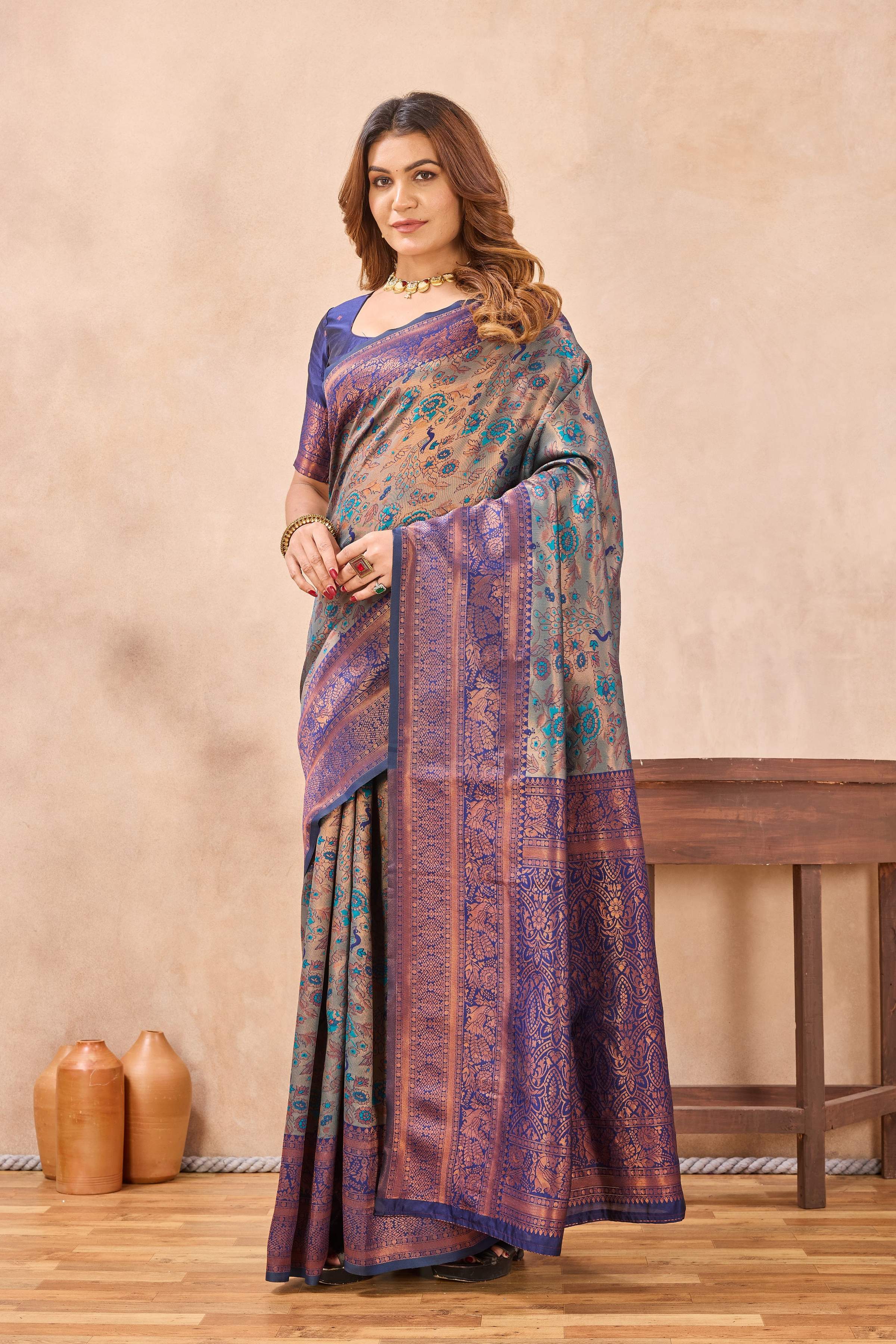 Divine International Trading Co Turquoise Blue Soft Silk Blend Banarasi Jacuard Work Designer Party Wear Saree With Unstitched Blouse Piece - Dista