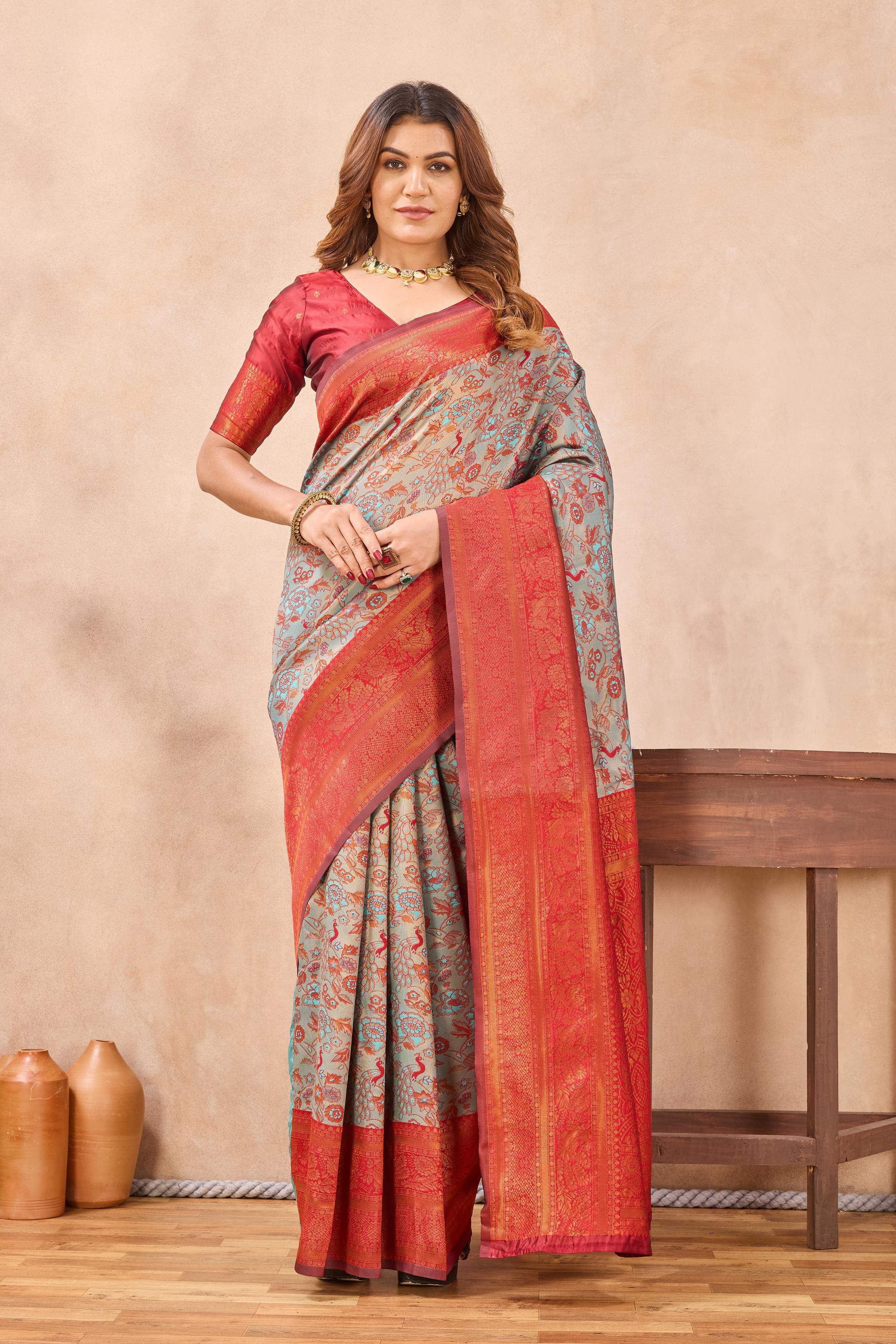 Divine International Trading Co Turquoise Red Soft Silk Blend Banarasi Jacuard Work Designer Party Wear Saree With Unstitched Blouse Piece - Dista