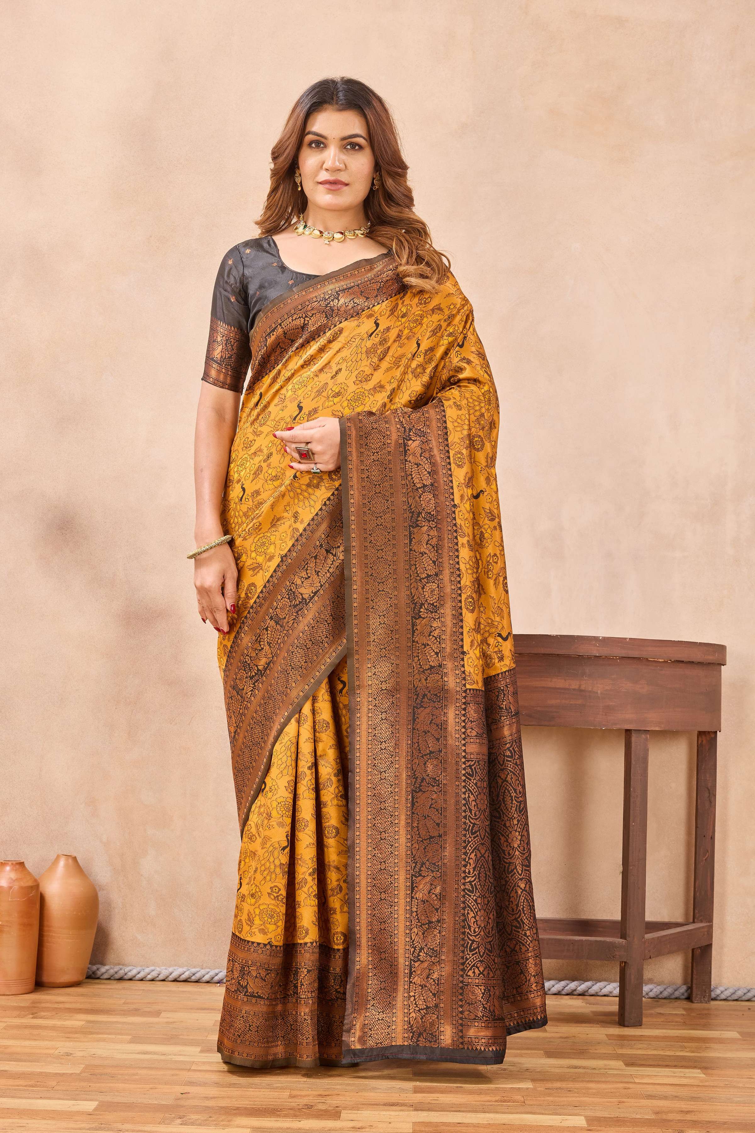 Divine International Trading Co Yellow Black Soft Silk Blend Banarasi Jacuard Work Designer Party Wear Saree With Unstitched Blouse Piece - Dista