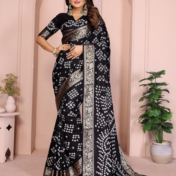 Anaita Black Pure Bandhej Silk Saree With Zari Weaving Work - Distacart