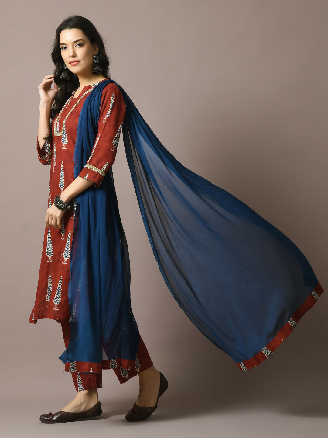 Myshka Women's Rust Printed Cotton Straight Party Kurta Set With Dupatta - Distacart