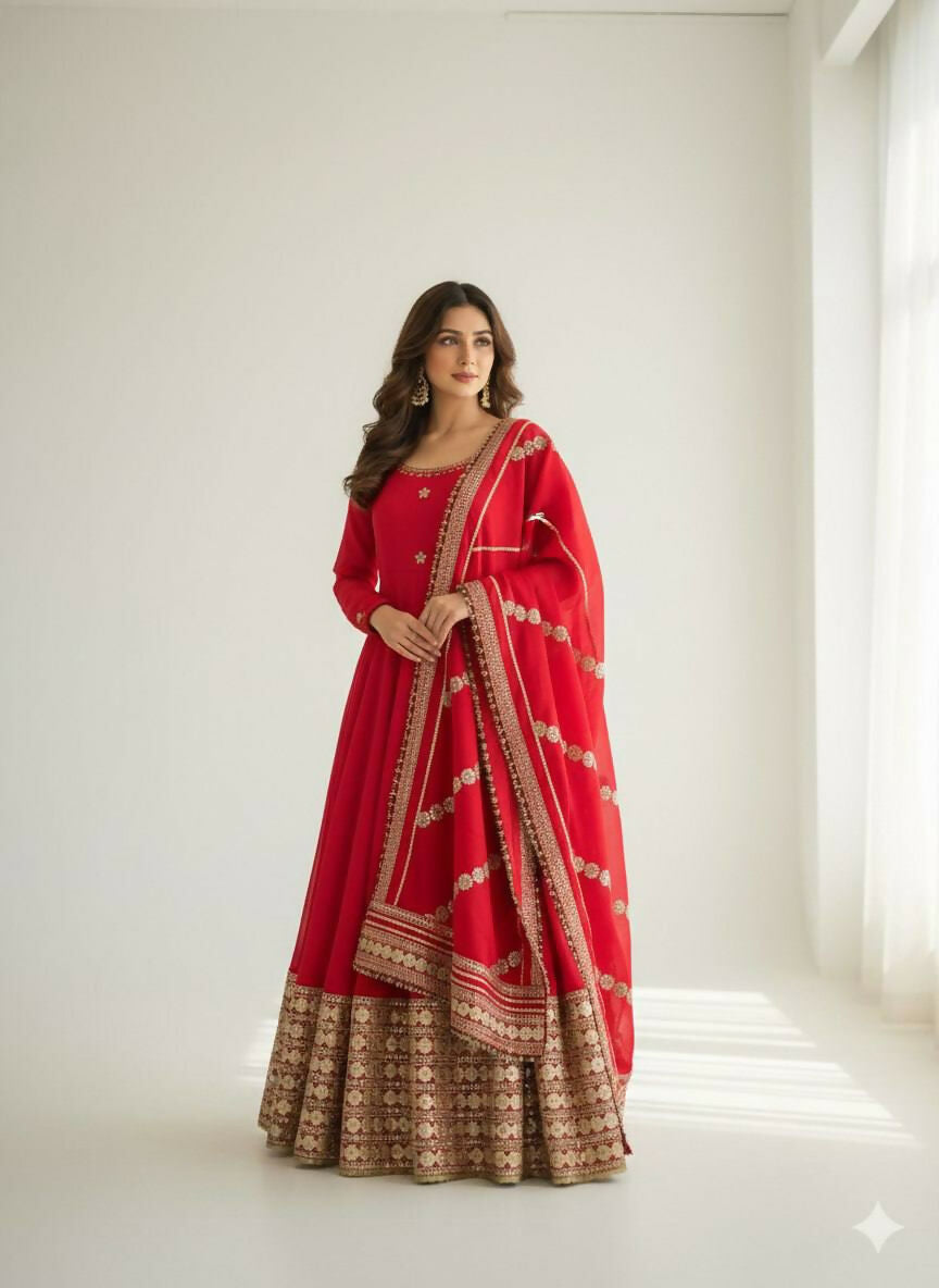 Teeya Creation Womens New Fancy Silk Heavy Quality Fabricwith Handwork Red Gown Set - Dista
