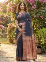 Thumbnail for Shree Shyam Fashion Navy Blue Linen Cotton Saree - Distacart
