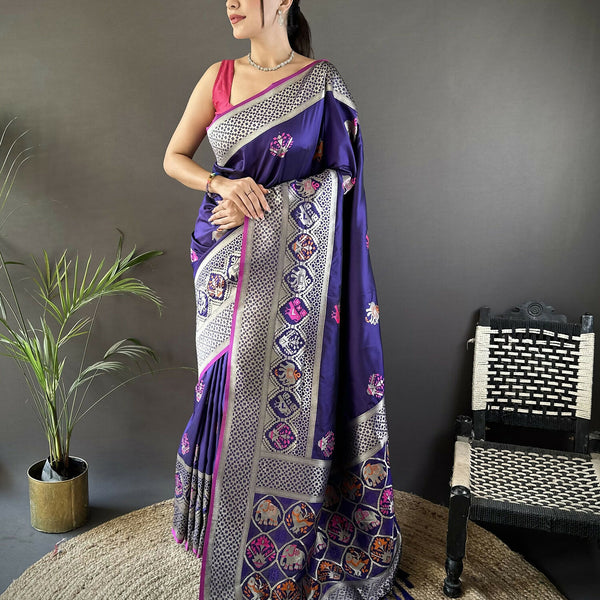 Joban Fashion Royal Blue Elephant & Floral Motifs Soft Lichi Silk Banarasi Saree - Distacart